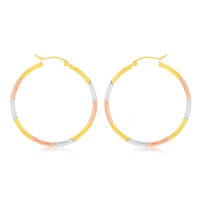 Trendy Silver Earrings For Modern Women-9ct Yellow Rose And White Gold Tri Colour  Super Light Diamond Cut Tube Hoop Earrings