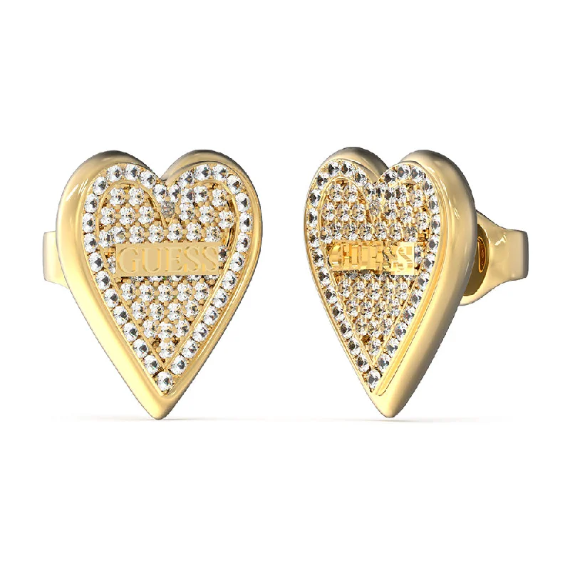 Long Dangle Earrings For Glamorous Looks-Guess Stainless Steel Gold Plated 14mm Pave Heart Stud Earrings