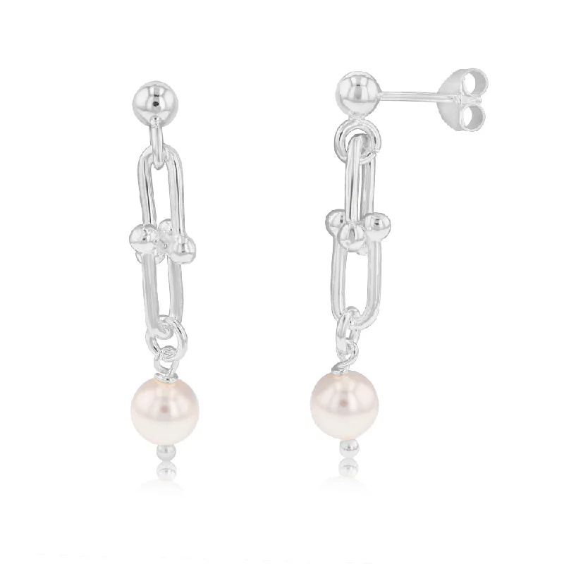 Luxury Handmade Earrings For Exclusive Style-Sterling Silver Links And Synthetic Pearl Drop Earrings