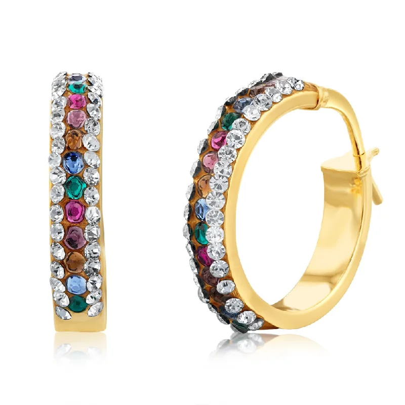 Stylish Earrings For Office Wear-9ct Yellow Gold Silverfilled Multicolour And White Crystal 15mm Broad Hoop Earrings