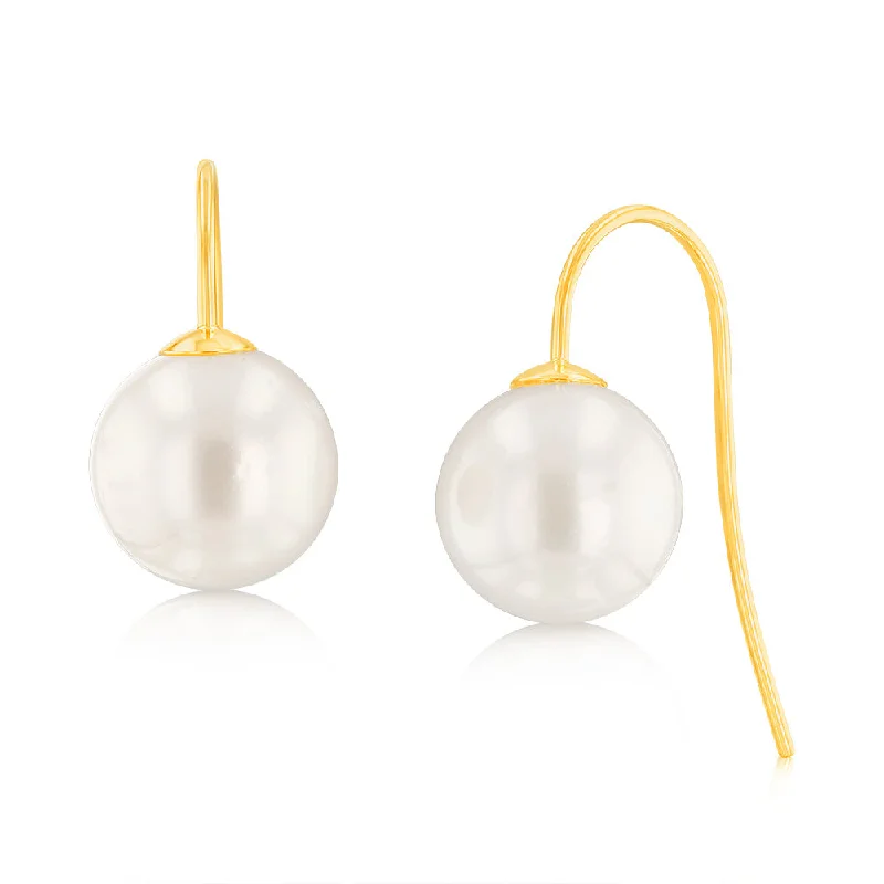 Fancy Earrings For Party Wear-9ct Yellow Gold 9-11mm White South Sea Hook Drop Earrings