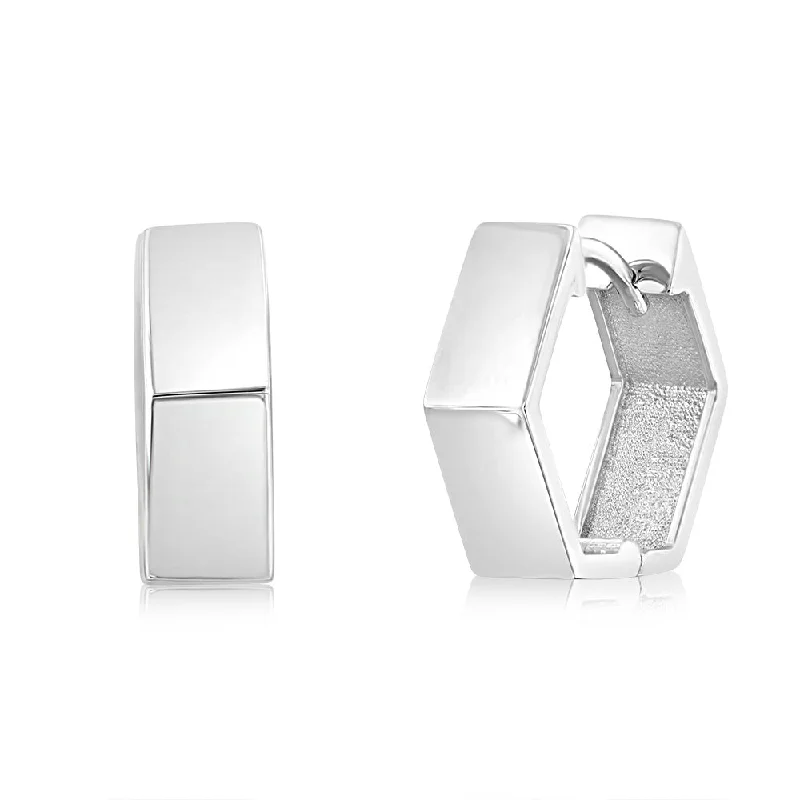 Silver Earrings For Bridesmaid Gifts-9ct White Gold Broad Geometric Huggie 11.8mm Hoop Earrings