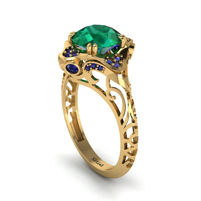 Classic Gold Wedding Rings For Lasting Love-Emerald Ornate Filigree Engagement Ring - Evie No. 64