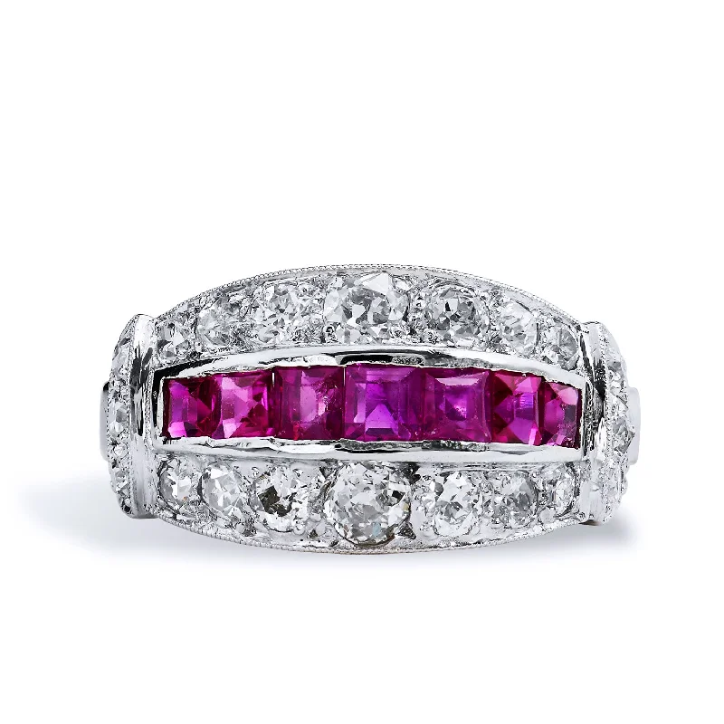 Sparkling Engagement Rings For Bridal Style-Ruby Diamond Pave Set Platinum Ring