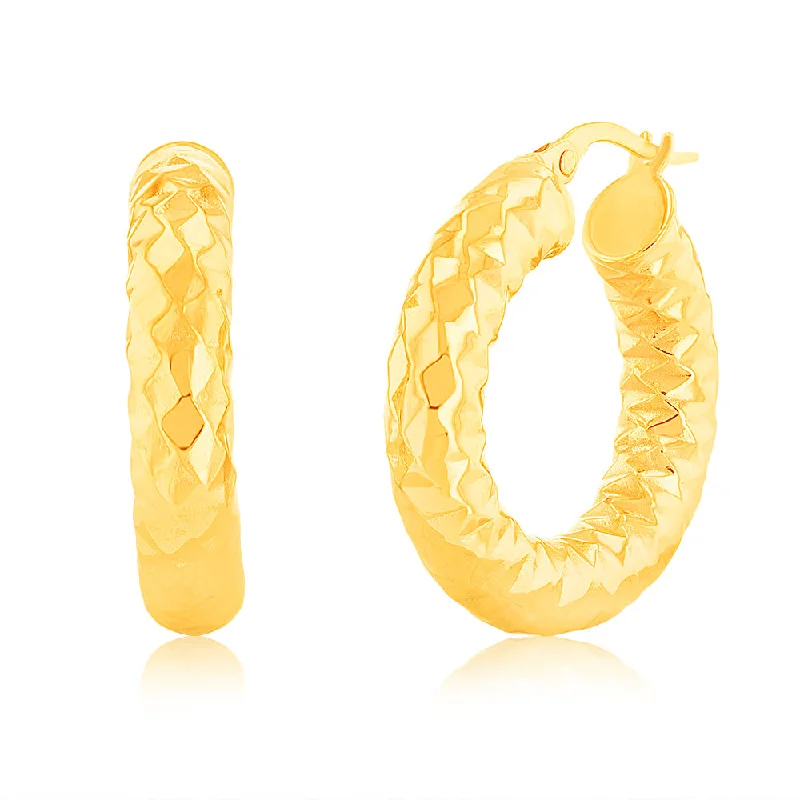 Glamorous Earrings For Night Life-9ct Yellow Gold Patterned 15mm Hoop Earrings