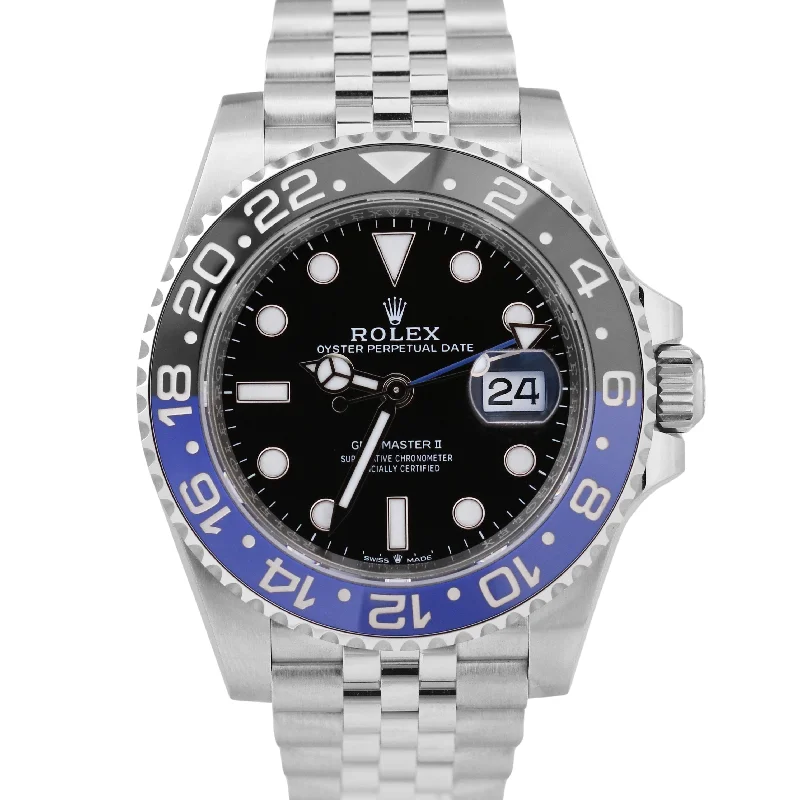 Elegant Platinum Watches For Luxury Fashion-MINT 2023 Rolex GMT-Master II BATGIRL Blue Black 40mm JUBILEE Steel 126710 BLNR