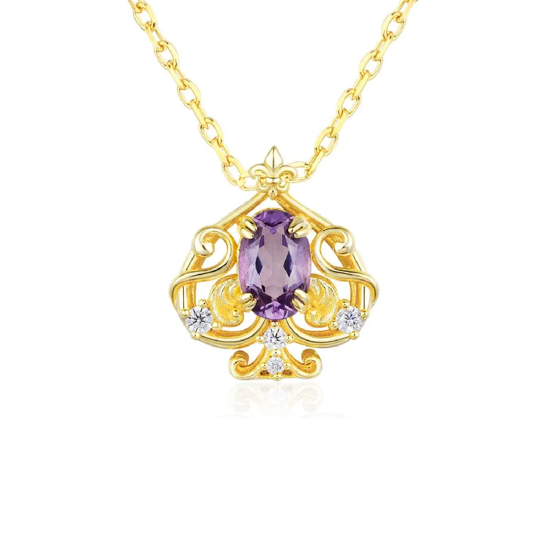 Colorful Earrings For Fun Fashion Choices-Leafy Spade Amethyst Necklace (Yellow Gold)