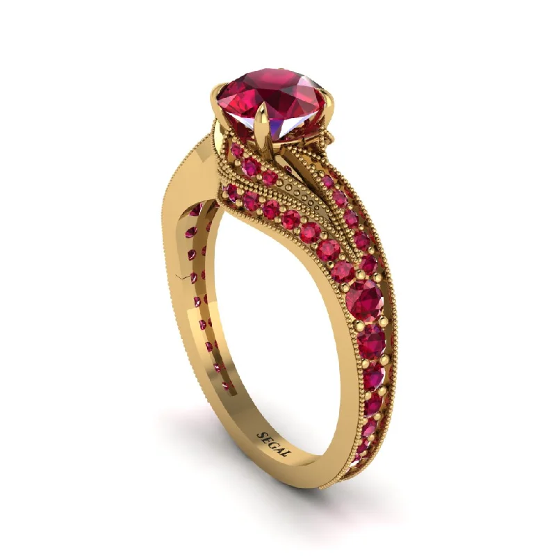 Unique Gemstone Wedding Bands For Brides-Ruby 14K Gold Pave Engagement Ring - Magnolia No. 55