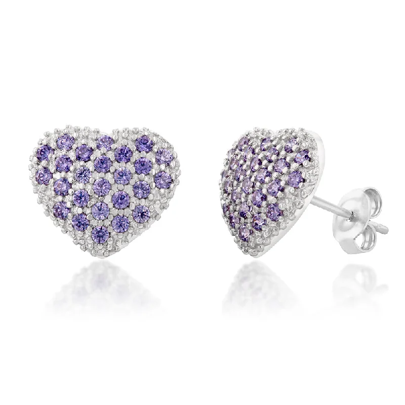 Sparkling Crystal Earrings For Elegant Events-9ct White Gold Purple Cubic Zirconia Pave Heart Stud Earrings