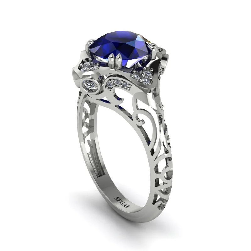 Stunning Gold Rings For Fashionable Looks-Sapphire Ornate Filigree Engagement Ring - Evie No. 15