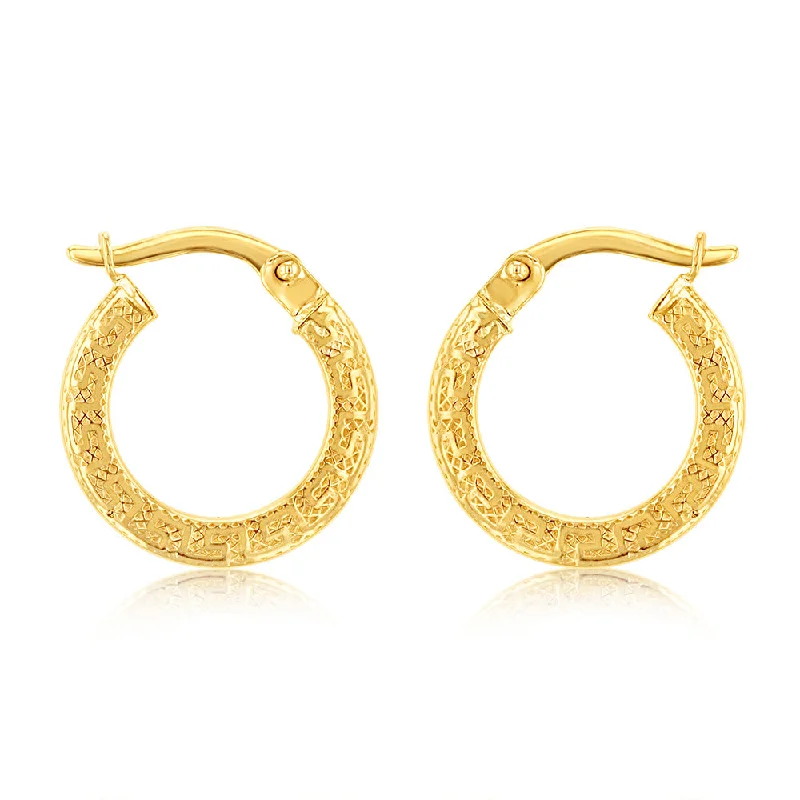 Cute Stud Earrings For Simple Style-9ct Yellow Gold Greek Key 10mm Hoop Earrings