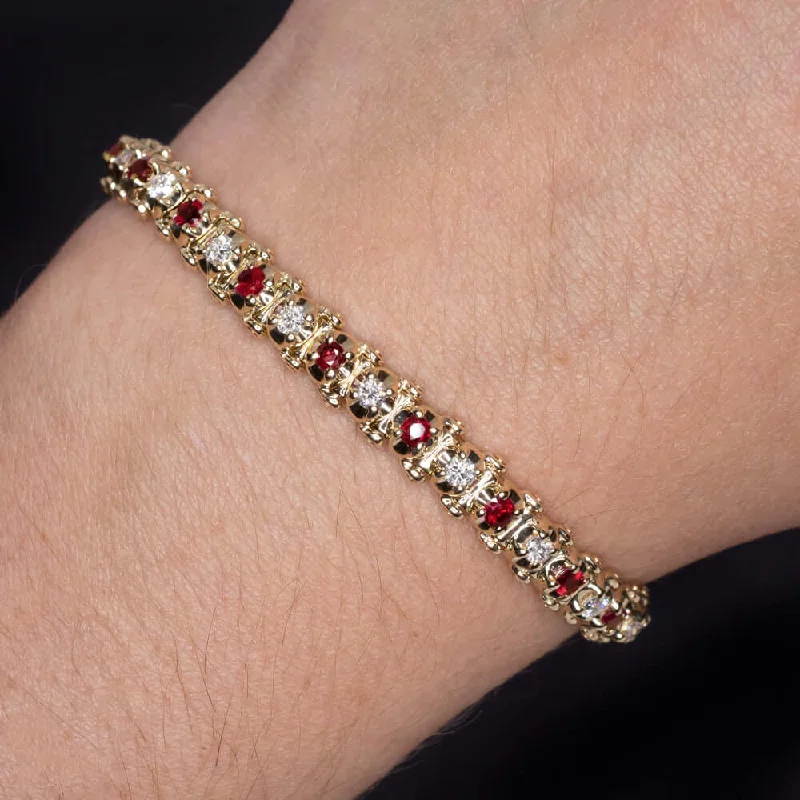 Luxury Leather Bracelets For Elegant Wear-2.75ct NATURAL BURMA RUBY DIAMOND TENNIS BRACELET 22gm 14k YELLOW GOLD CLASSIC