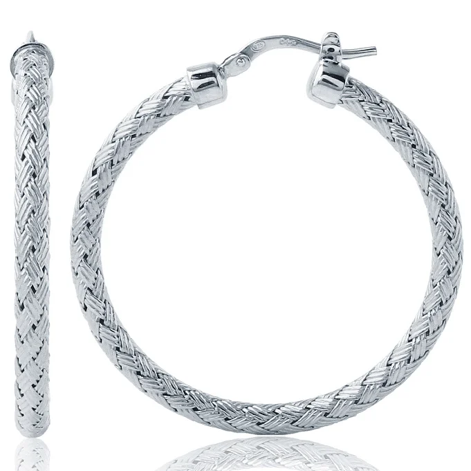 Elegant Long Earrings For Stylish Evenings-Charles Garnier 35mm Sterling Silver Milan Mesh Hoop Earrings