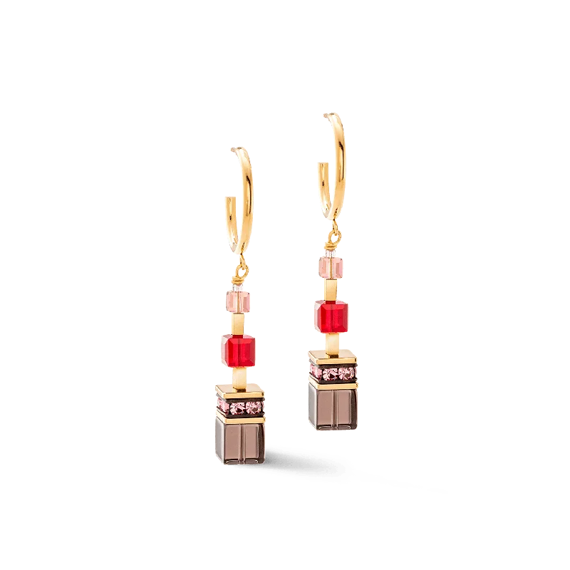 Gold Earrings For Elegant Occasions-Gold Red GeoCube Hoop Earrings