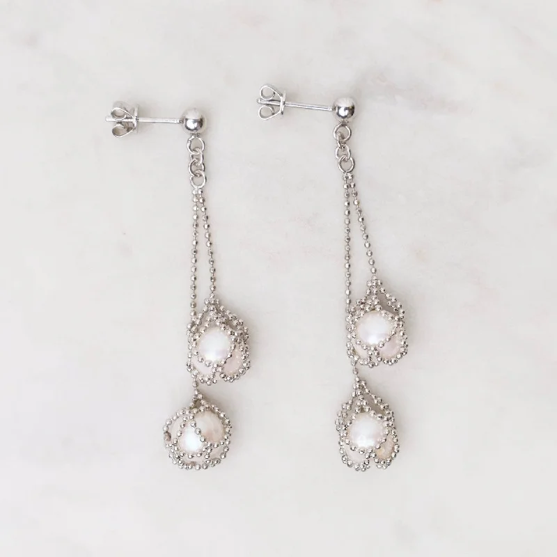 Custom Earrings For Wedding Day Gifts-Sterling Silver Double Captured Pearl Drop Earrings