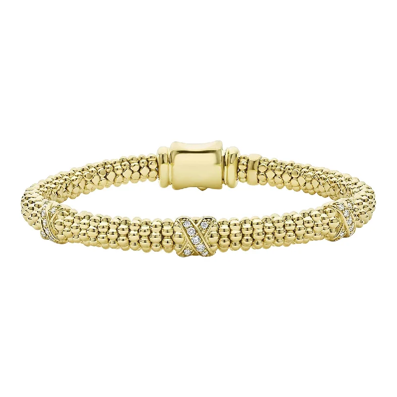 Affordable Beaded Bracelets For Fun Style-18K Gold Three Station X Diamond Caviar Bracelet