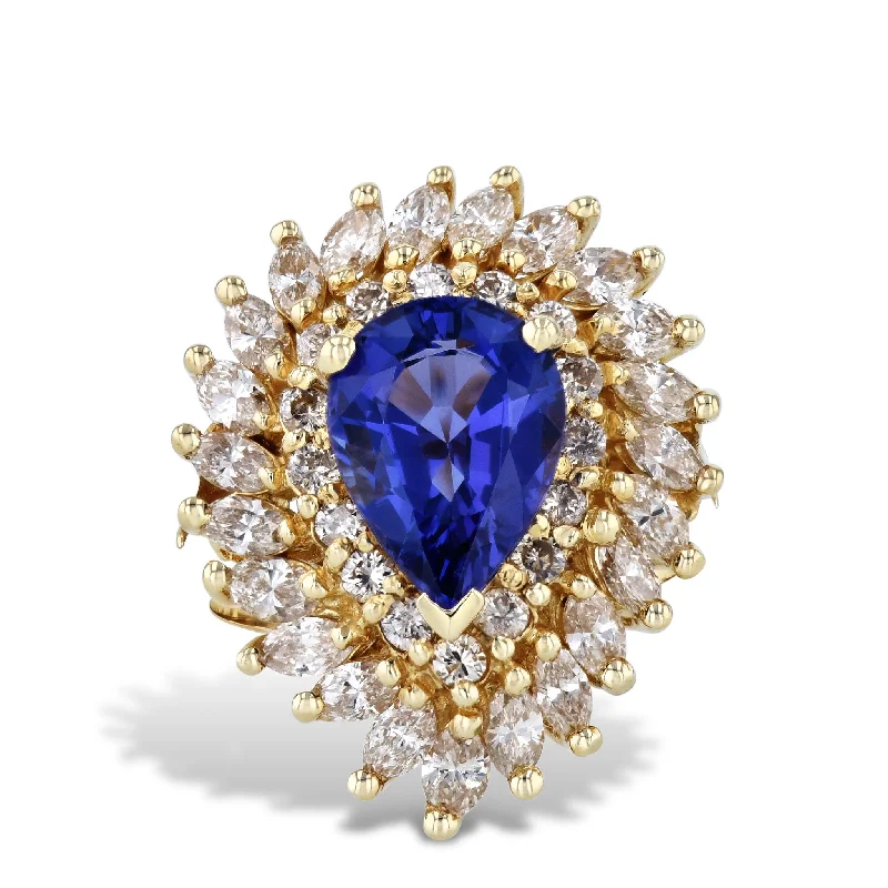 Classic Wedding Rings For Timeless Glam-Tanzanite Diamond Yellow Gold Estate Ring