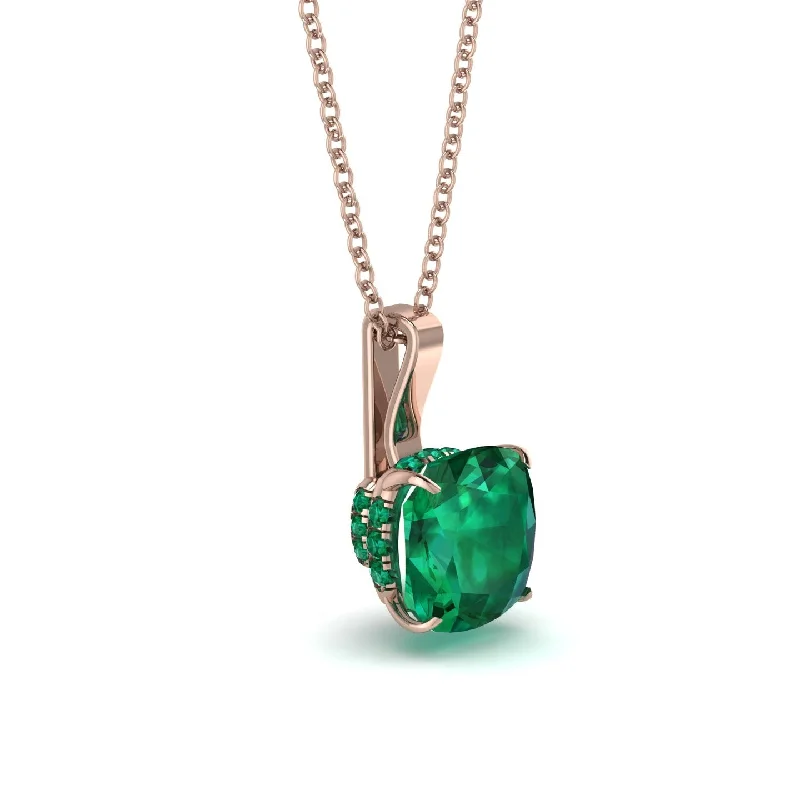 Hidden Halo Cushion Emerald Necklace - Alivia No. 20