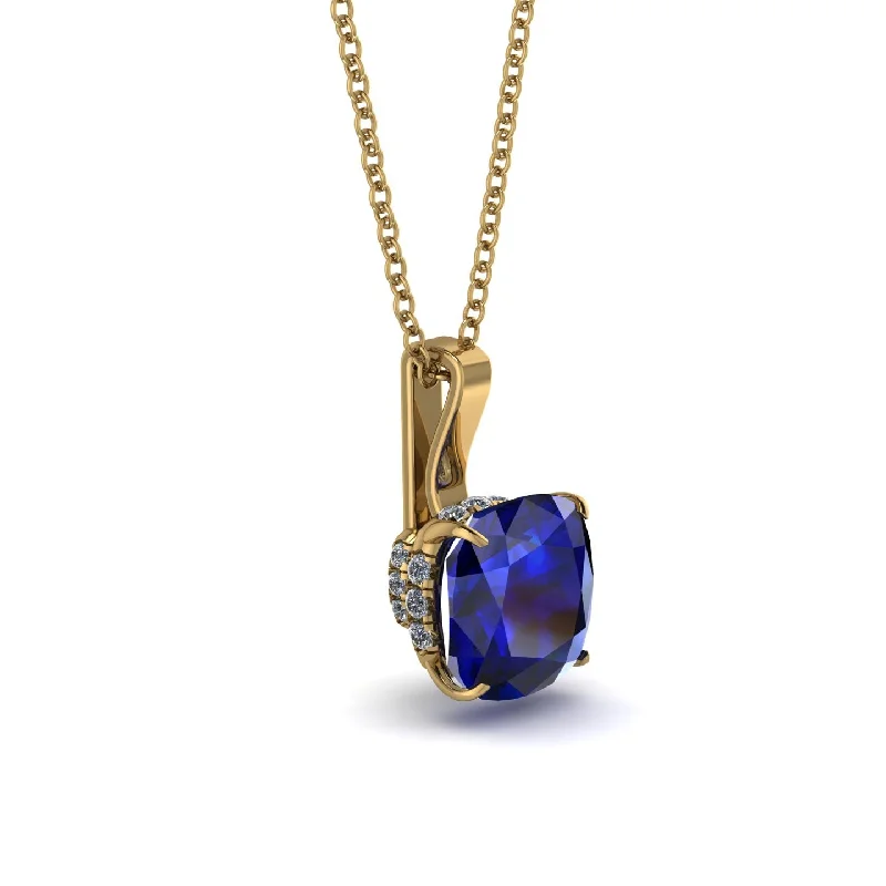 Hidden Halo Cushion Sapphire Necklace - Alivia No. 13