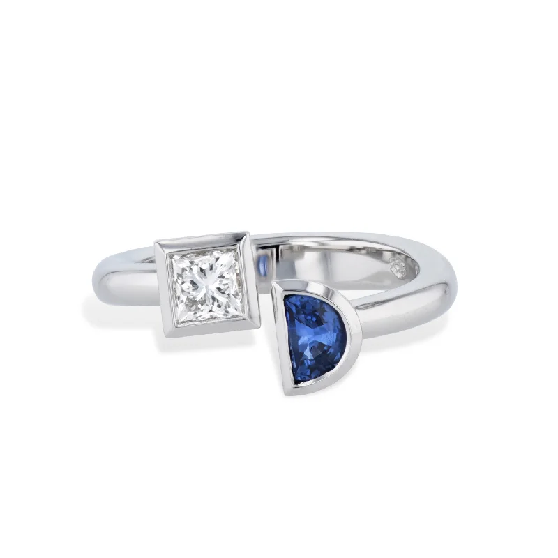 Beautiful Diamond Rings For Bridal Glam-Princess Cut Diamond and Half Moon Sapphire Moi et Toi Ring