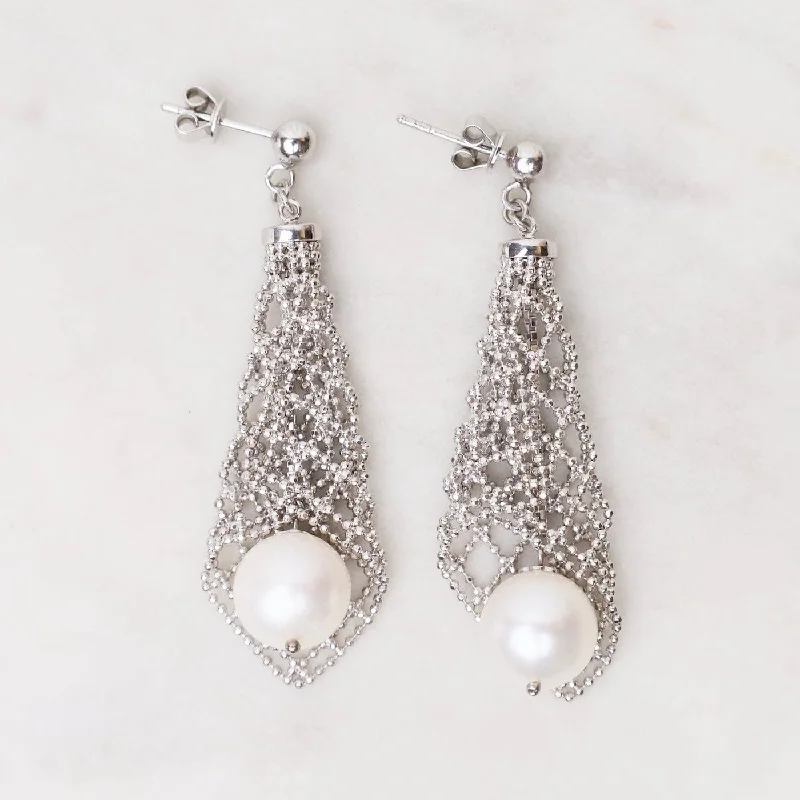 Trendy Silver Earrings For Modern Women-Sterling Silver Woven Lantern Pearl Earrings