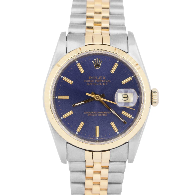 Stylish Leather Strap Watches For Casual Wear-MINT Rolex DateJust 36mm BLUE Two-Tone 18K Yellow Gold Steel JUBILEE Watch 16233