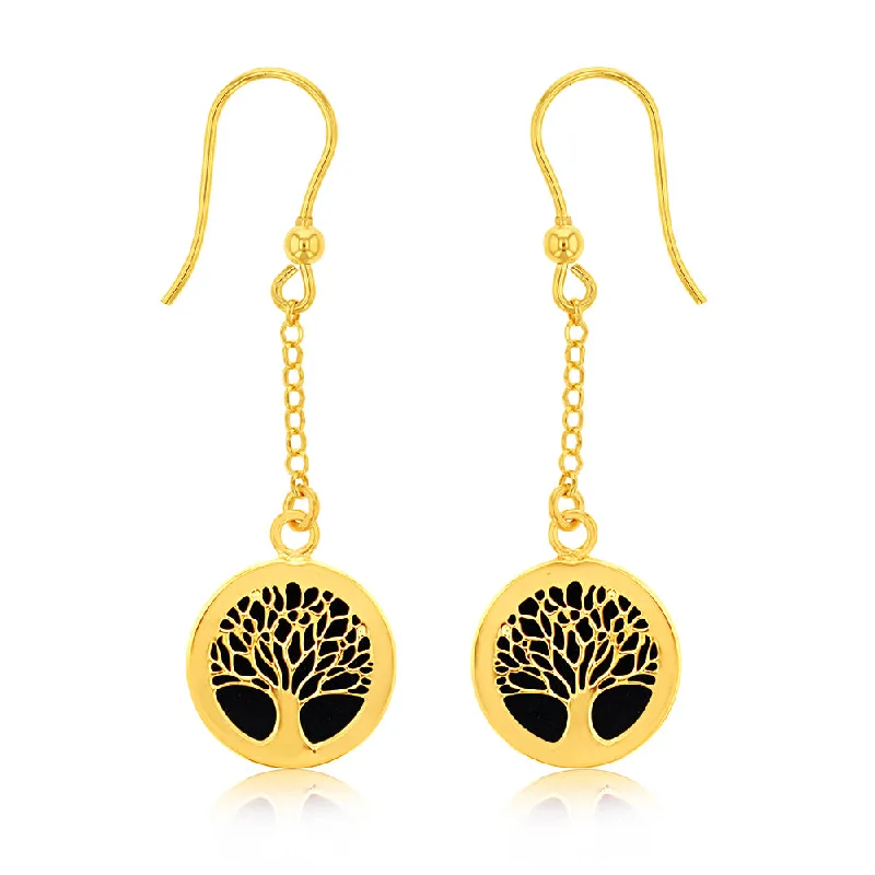 Gold Earrings For Wedding Celebrations-Sterling Silver Gold Plated Onix Tree Of Life Drop Earrings