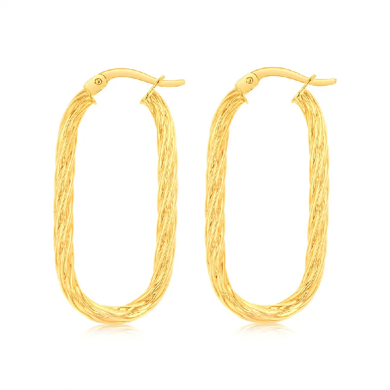 Trendy Silver Earrings For Modern Fashion-9ct Yellow Gold Twisted Elongated Hoop Earrings