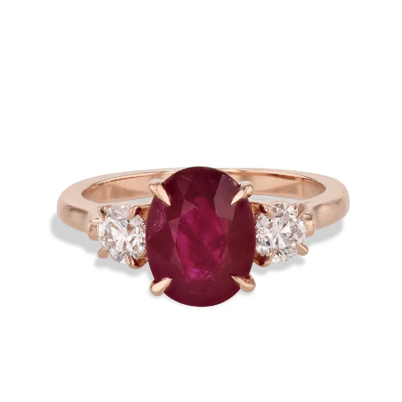 Custom Gemstone Wedding Bands For Personalized Glam-Burma Ruby and Round Diamond Rose Gold Ring