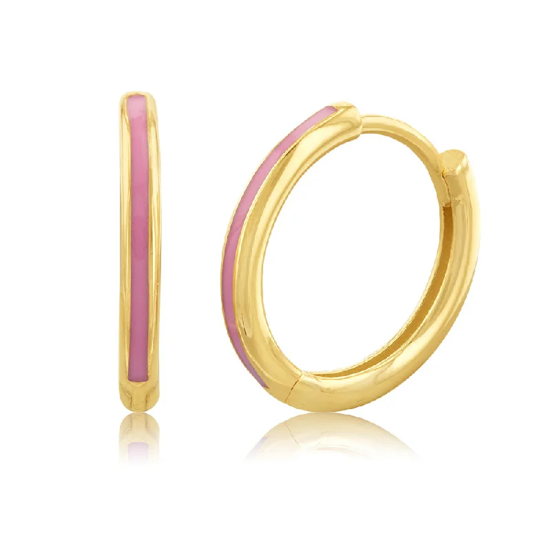 Fashionable Earrings For Spring Fashion-9ct Yellow Gold Pink Enamel 11mm Hoop Earrings