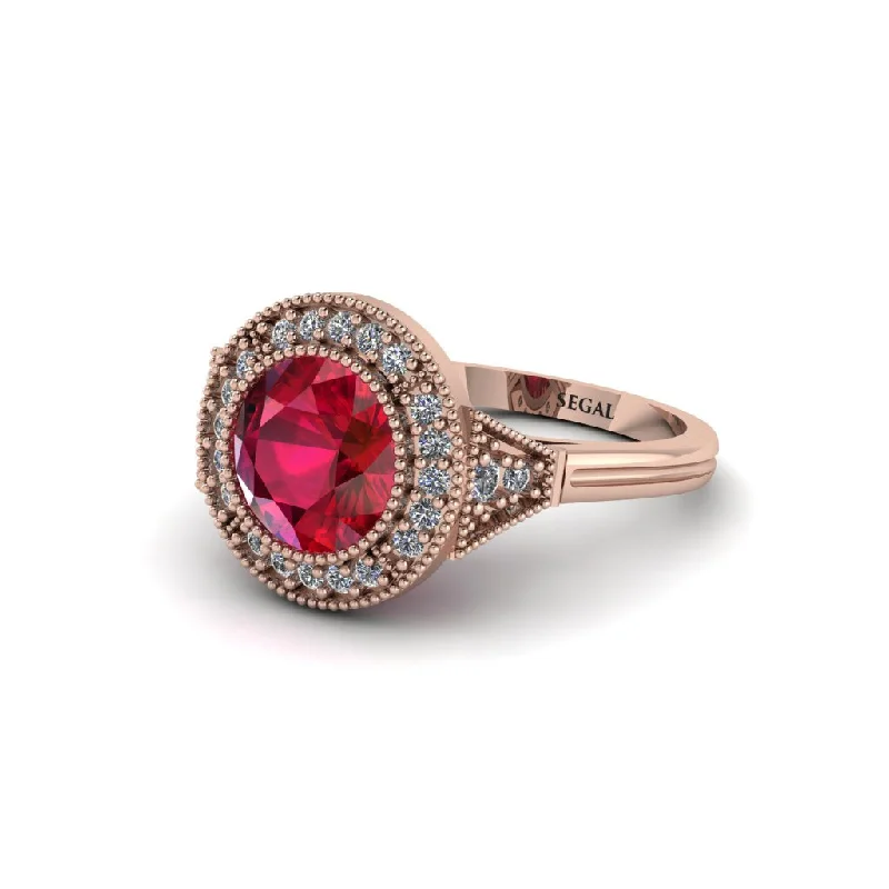 Affordable Engagement Rings For Budget Brides-Round Cut Ruby Milgrain Halo Engagement Ring - Maggie No. 11