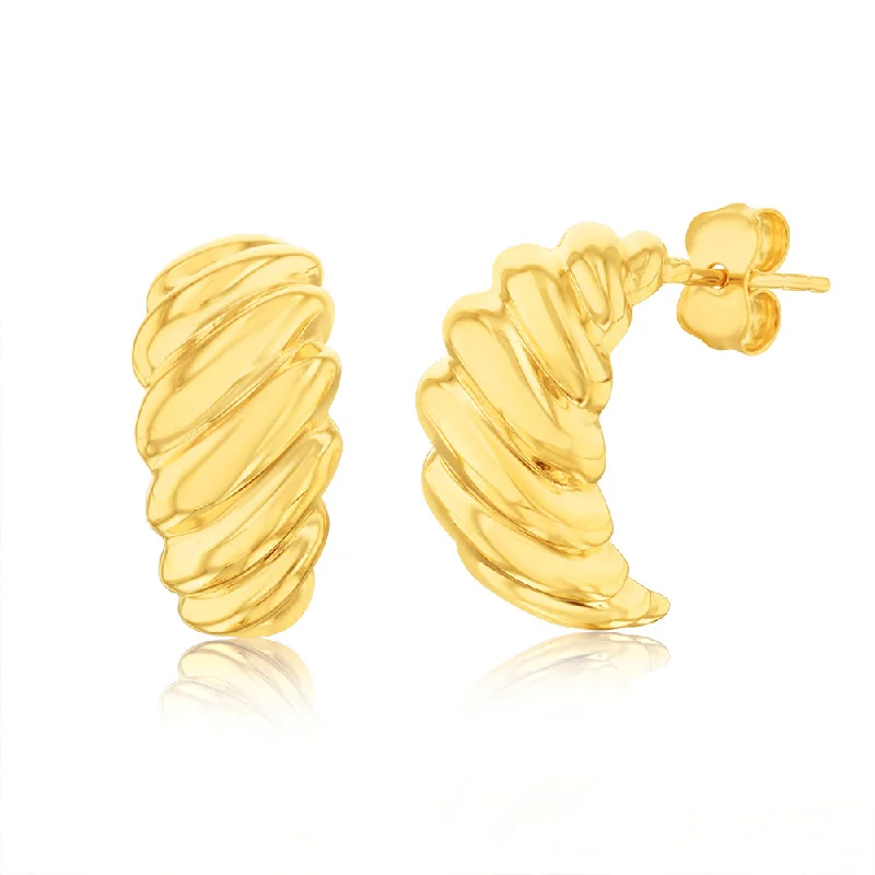 Affordable Hoop Earrings For Everyday Wear-9ct Yellow Gold Ribbed Half Hoop Earrings