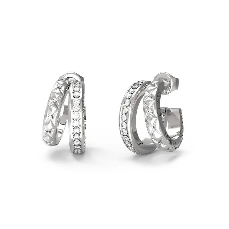 Unique Crystal Earrings For Special Occasions-Guess Stainless Steel 18mm Matelasse And Pave Double Hoops Earrings