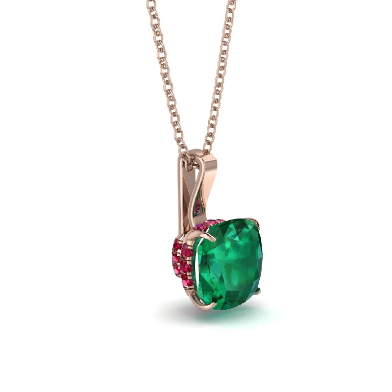 Hidden Halo Cushion Emerald Necklace - Alivia No. 50