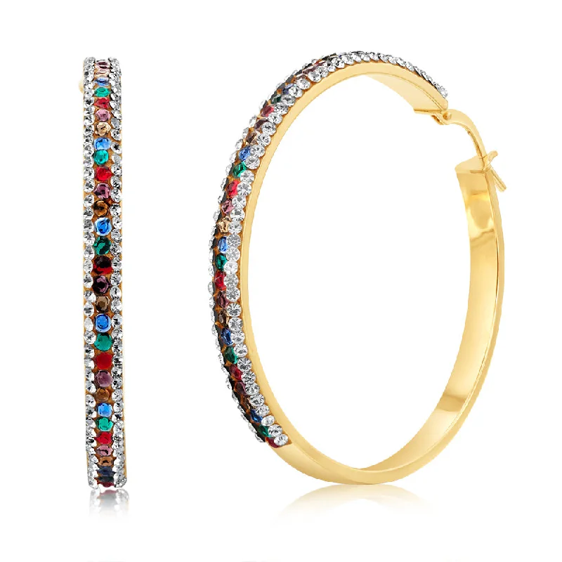 Beautiful Beaded Earrings For Creative Looks-9ct Yellow Gold Silverfilled Multicolour And White Crystal 40mm Broad Hoop Earrings