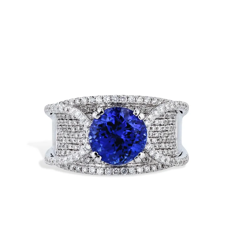 Unique Custom Engagement Rings For Brides-White Gold Tanzanite Pave Diamond Estate Ring