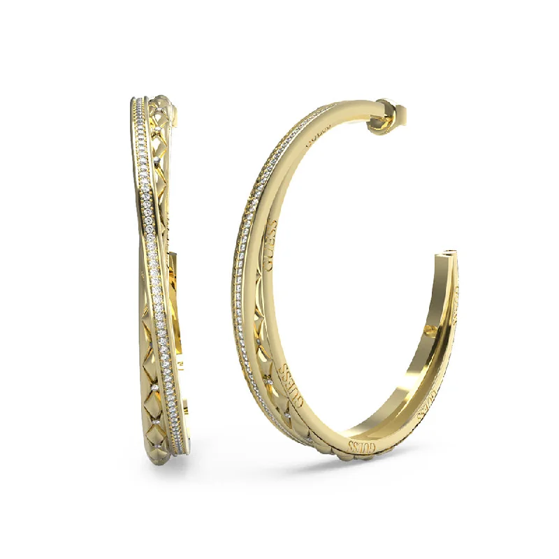 Retro Earrings For Vintage Style-Guess Gold Plated Stainless Steel 52mm Matelasse And Pave Hoop Earrings