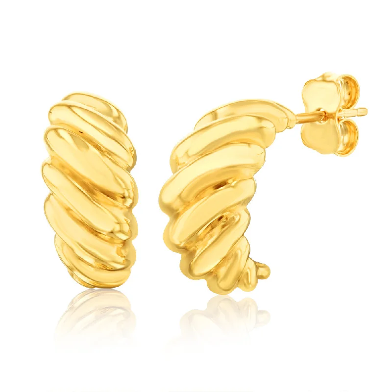 Long Drop Earrings For Stylish Women-9ct Yellow Gold Ribbed Half Hoop Earrings