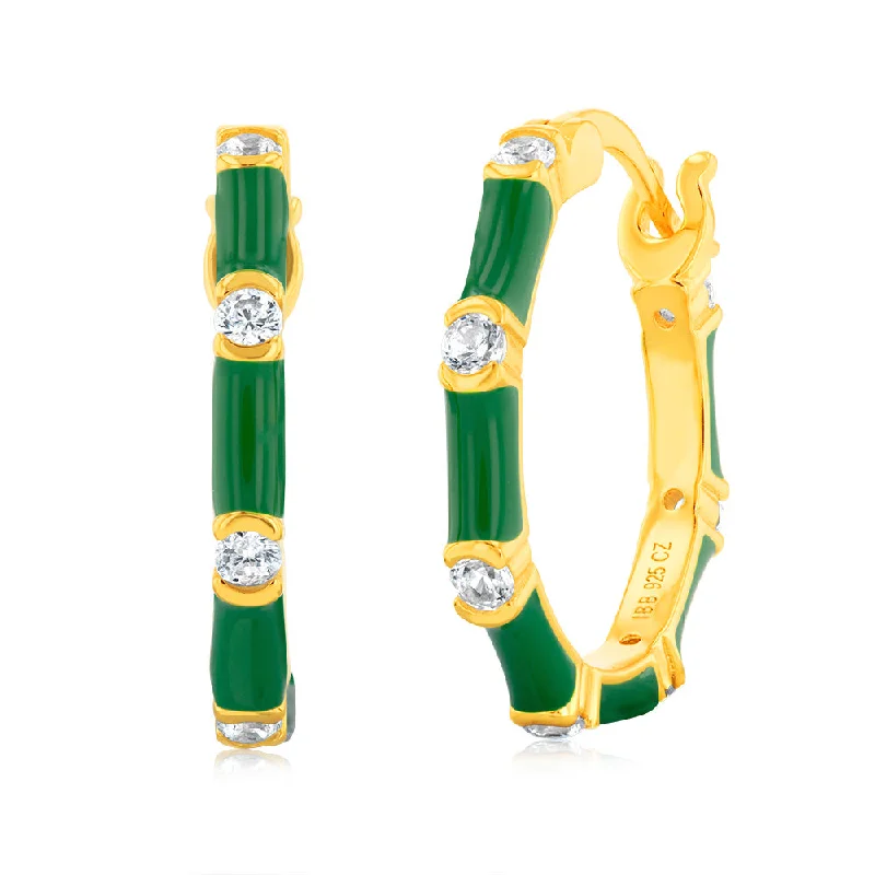 Classic Earrings For Timeless Style-Sterling Silver Gold Plated Green Enamel And Zirconia 20mm Hoop Earrings