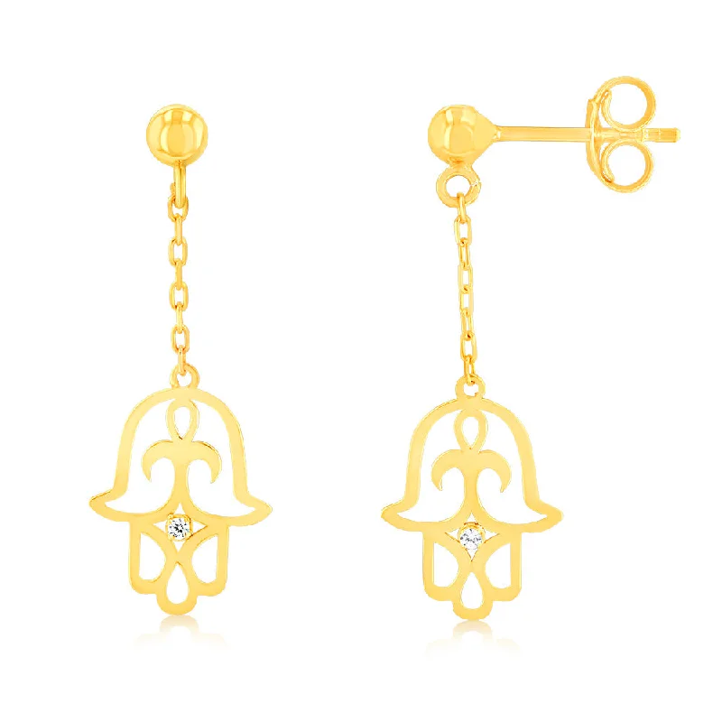 Gemstone Drop Earrings For Sparkling Appeal-9ct Yellow Gold Hand Of Fatima Drop Earrings