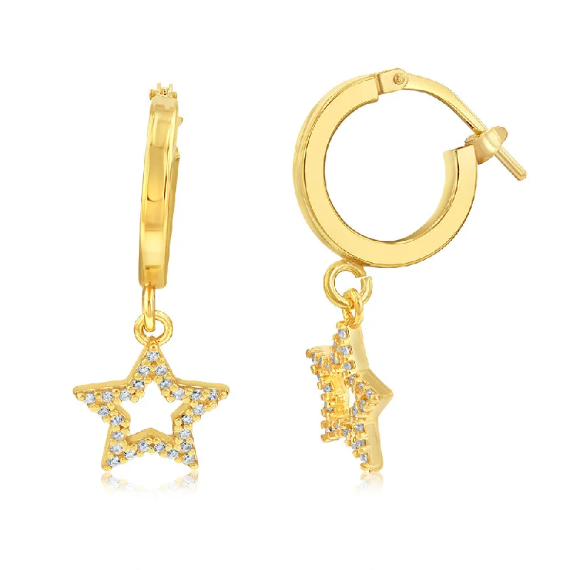 Bold Statement Earrings For Creative Fashion-Sterling Silver Yellow Gold Plated Cubic Zirconia Star On Hoop Earrings