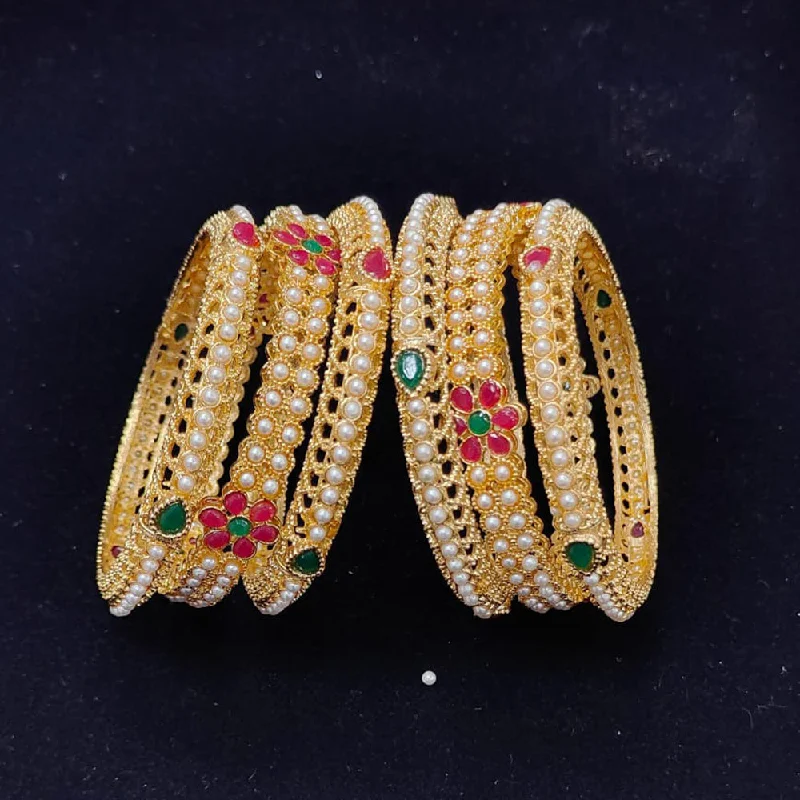 Elegant Diamond Bangle Bracelets For Bridal Looks-Pooja Bangles Gold Plated Crystal Stone And Pearls Bangles  Set