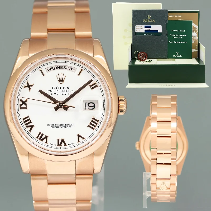 Timeless Silver Watches For Classic Glam-2023 RSC Papers Rolex President Day Date Rose Gold 118205 White Roman Watch Box