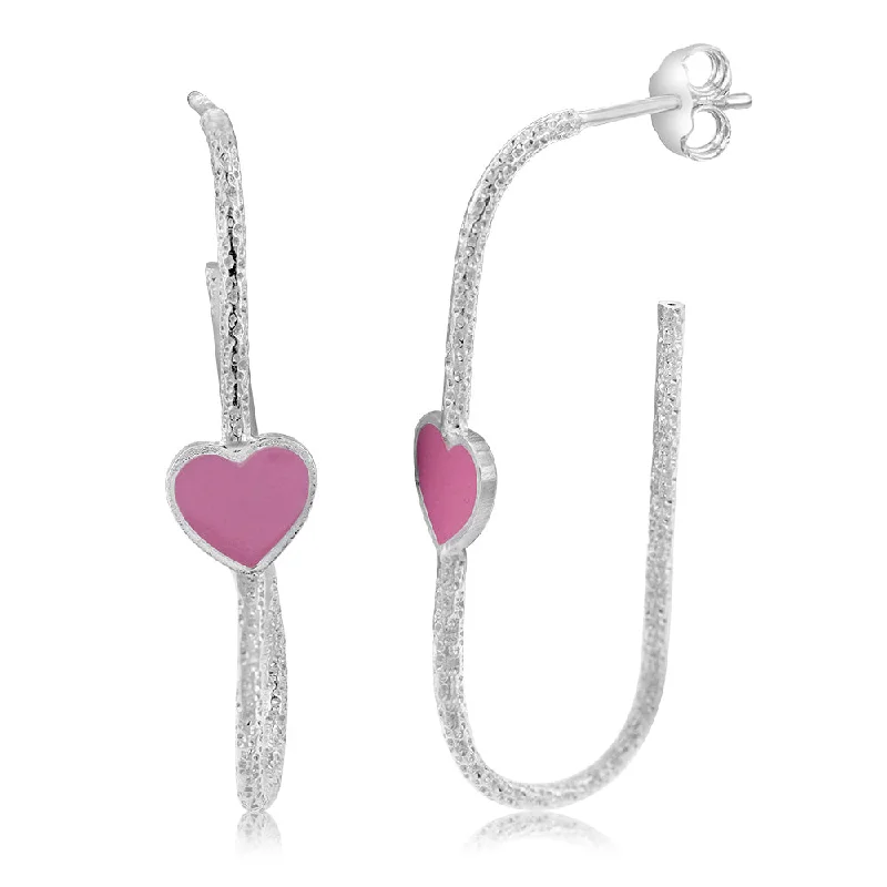 Fashionable Drop Earrings For Special Occasions-Sterling Silver Pink Enamel Heart Textured Open Hoop Earrings