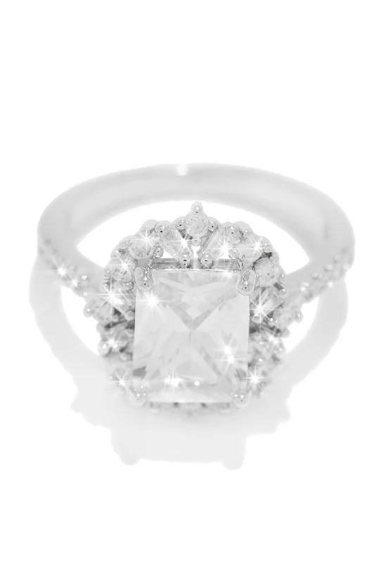 Classic Engagement Rings For Elegant Glam-Diamante Rhodium Plated CZ Square Ring - Silver