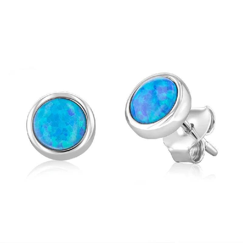 Luxury Crystal Earrings For Wedding Day-Sterling Silver Round Created Blue Opal Stud Earrings