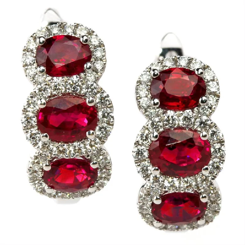 Eco-friendly Earrings For Conscious Shoppers-Ruby & Diamond Halo Three Stone Huggy Hoop Earrings