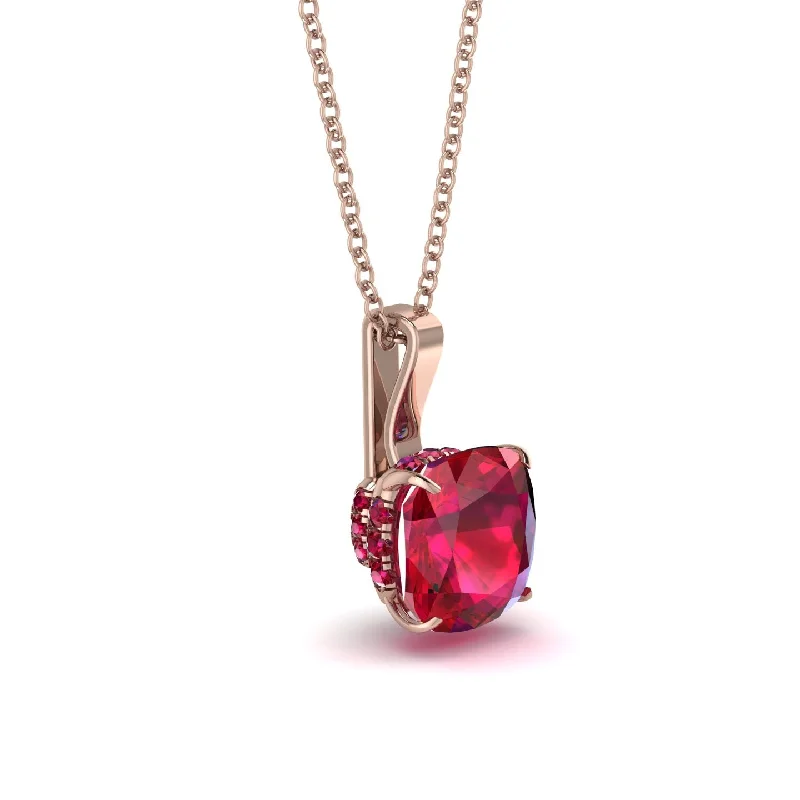 Hidden Halo Cushion Ruby Necklace - Alivia No. 56