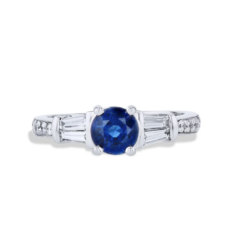 Fashionable Wedding Bands For Modern Couples-Round Blue Sapphire Diamond Platinum Estate Ring