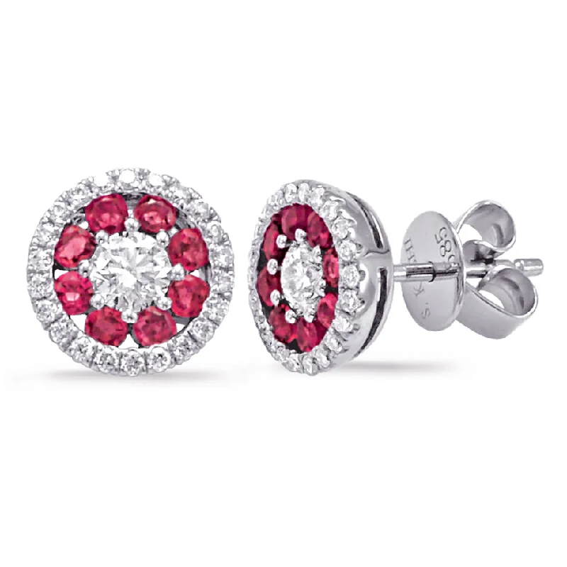 Fashionable Drop Earrings For Special Occasions-14K White Gold Ruby & Diamond Round Halo Cluster Stud Earrings